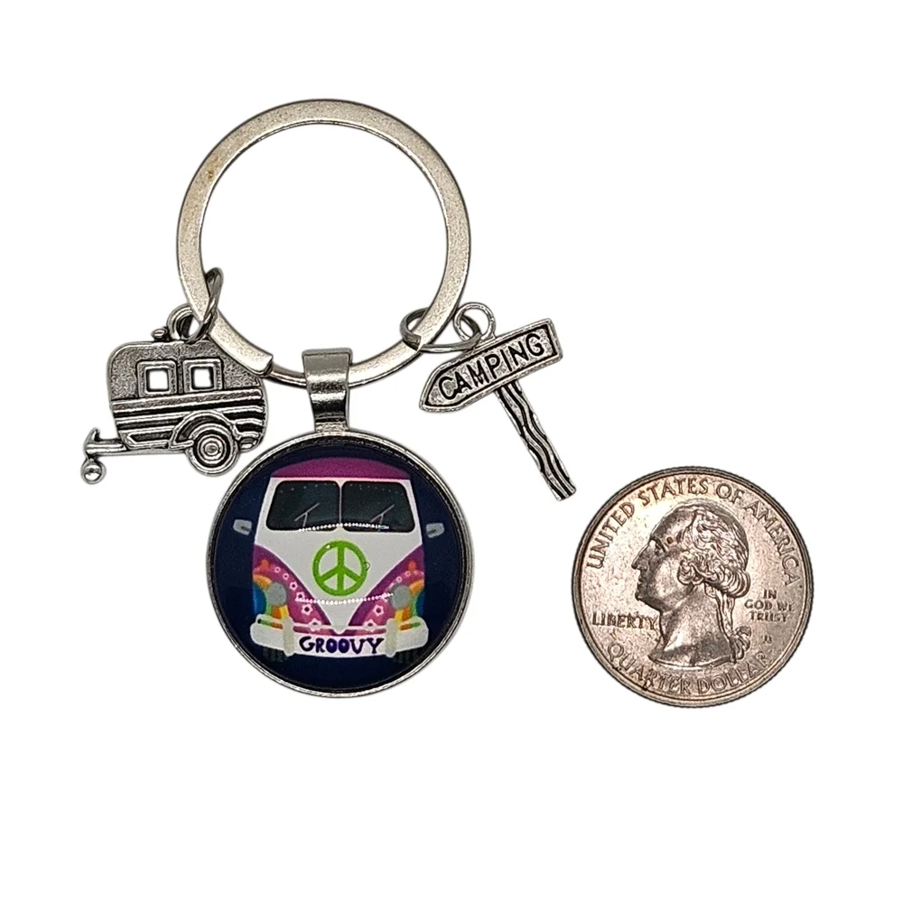 Keychain Retro Van Red Volkswagen Bus Peace Sign - Picture 3 of 7